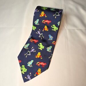 Vintage‎ Alynn Neckwear My Prince Frog Silk Tie Navy Blue Tree Frogs USA Made